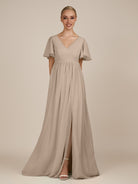 KissDress-Junia Almond A Line V Neck Chiffon Cap Sleeves Long Bridesmaid Dress with Slit