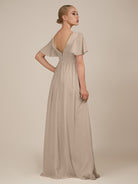 KissDress-Junia Almond A Line V Neck Chiffon Cap Sleeves Long Bridesmaid Dress with Slit