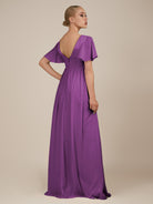KissDress-Junia Amethyst A Line V Neck Chiffon Cap Sleeves Long Bridesmaid Dress with Slit