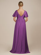 KissDress-Junia Amethyst A Line V Neck Chiffon Cap Sleeves Long Bridesmaid Dress with Slit