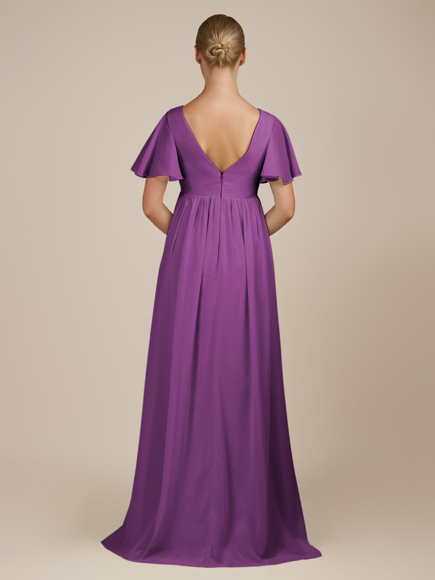 KissDress-Junia Amethyst A Line V Neck Chiffon Cap Sleeves Long Bridesmaid Dress with Slit