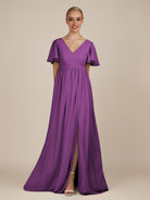 KissDress-Junia Amethyst A Line V Neck Chiffon Cap Sleeves Long Bridesmaid Dress with Slit