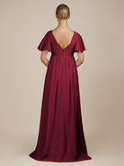KissDress-Junia Berry A Line V Neck Chiffon Cap Sleeves Long Bridesmaid Dress with Slit