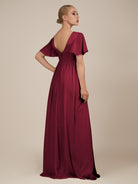KissDress-Junia Berry A Line V Neck Chiffon Cap Sleeves Long Bridesmaid Dress with Slit