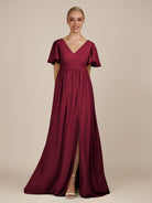 KissDress-Junia Berry A Line V Neck Chiffon Cap Sleeves Long Bridesmaid Dress with Slit