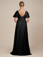 KissDress-Junia Black A Line V Neck Chiffon Cap Sleeves Long Bridesmaid Dress with Slit