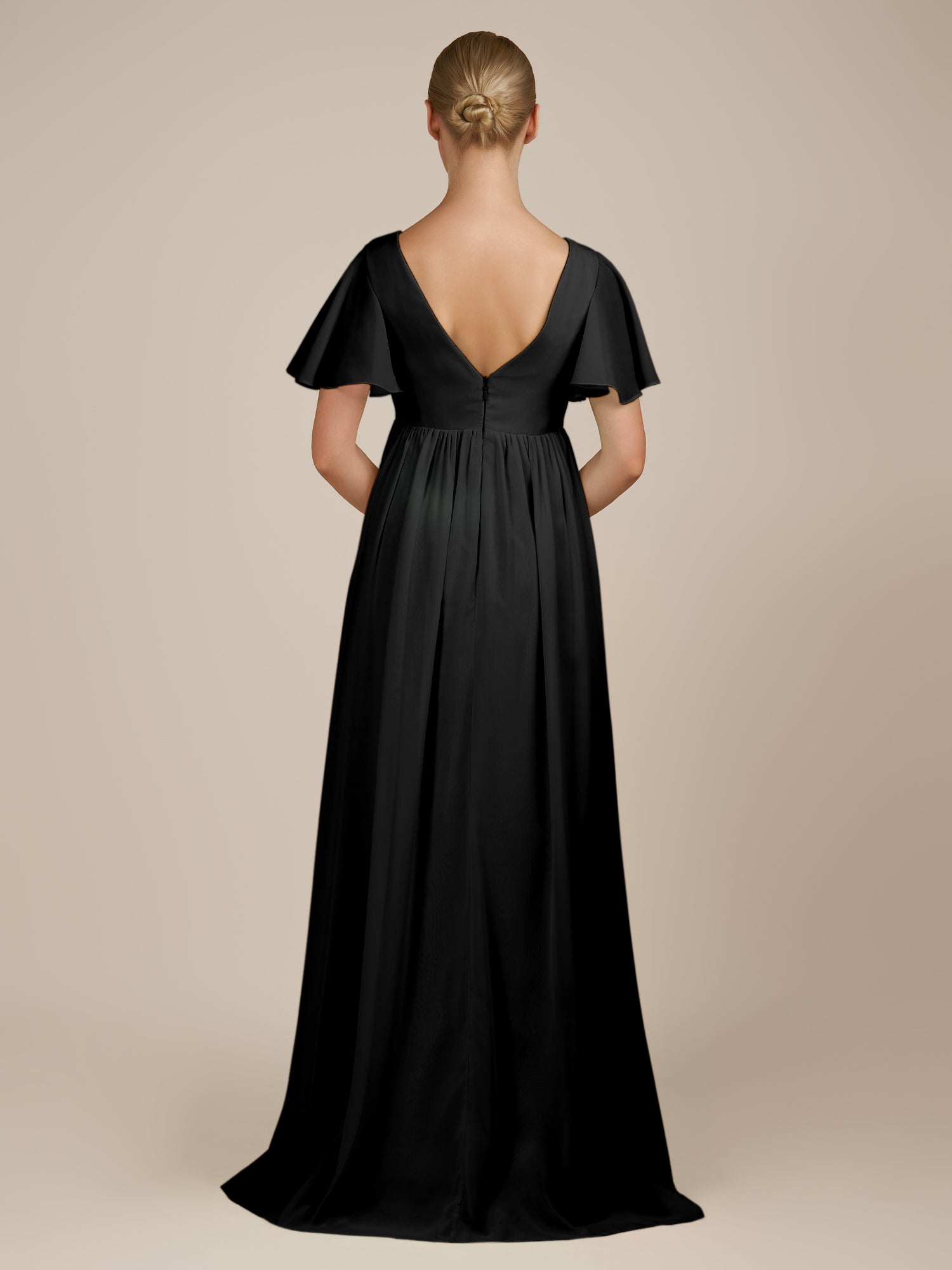 KissDress-Junia Black A Line V Neck Chiffon Cap Sleeves Long Bridesmaid Dress with Slit