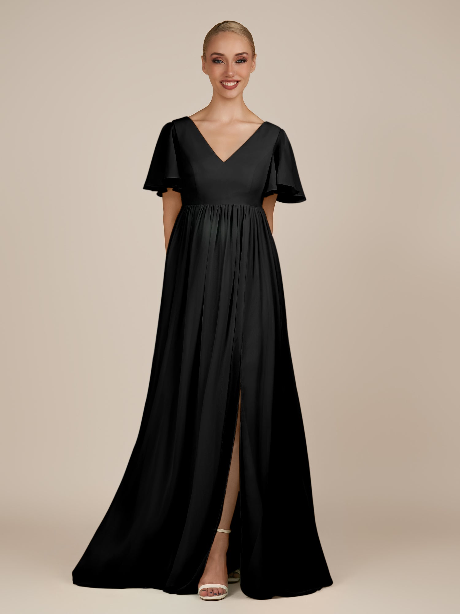 KissDress-Junia Black A Line V Neck Chiffon Cap Sleeves Long Bridesmaid Dress with Slit