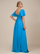 KissDress-Junia Blue Jay A Line V Neck Chiffon Cap Sleeves Long Bridesmaid Dress with Slit