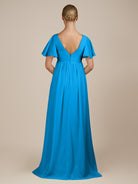 KissDress-Junia Blue Jay A Line V Neck Chiffon Cap Sleeves Long Bridesmaid Dress with Slit