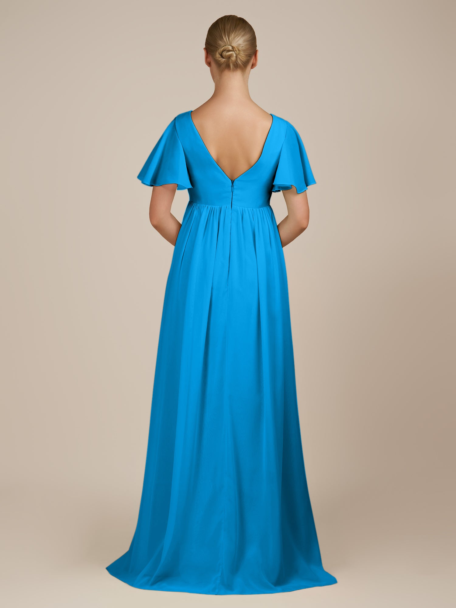 KissDress-Junia Blue Jay A Line V Neck Chiffon Cap Sleeves Long Bridesmaid Dress with Slit