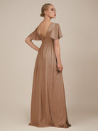 KissDress-Junia Bronzer A Line V Neck Chiffon Cap Sleeves Long Bridesmaid Dress with Slit