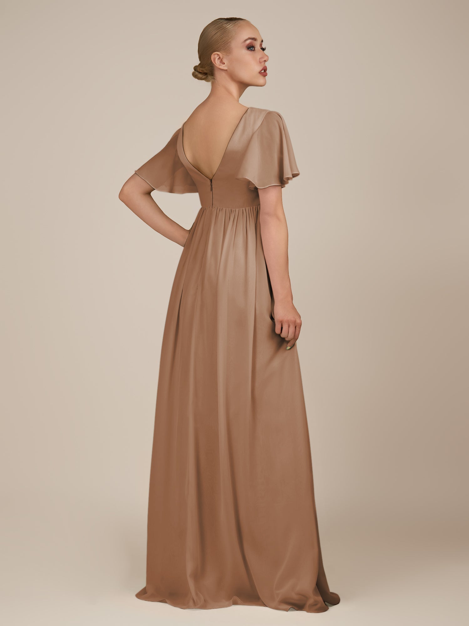 KissDress-Junia Bronzer A Line V Neck Chiffon Cap Sleeves Long Bridesmaid Dress with Slit