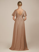 KissDress-Junia Bronzer A Line V Neck Chiffon Cap Sleeves Long Bridesmaid Dress with Slit