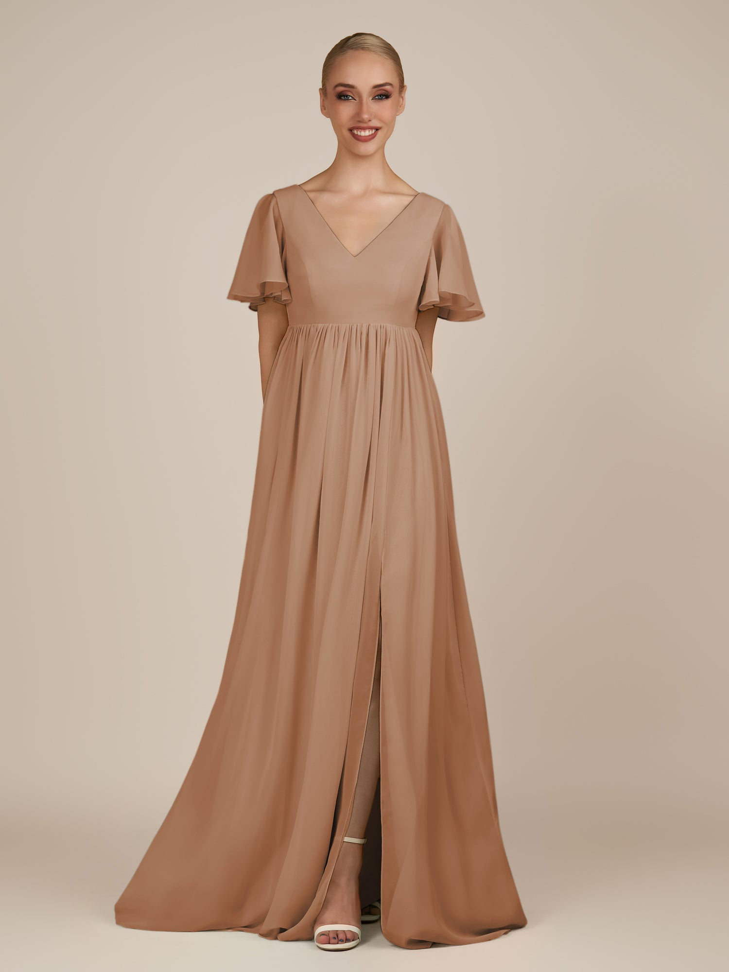 KissDress-Junia Bronzer A Line V Neck Chiffon Cap Sleeves Long Bridesmaid Dress with Slit
