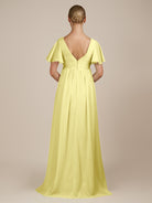 KissDress-Junia Buttercup A Line V Neck Chiffon Cap Sleeves Long Bridesmaid Dress with Slit