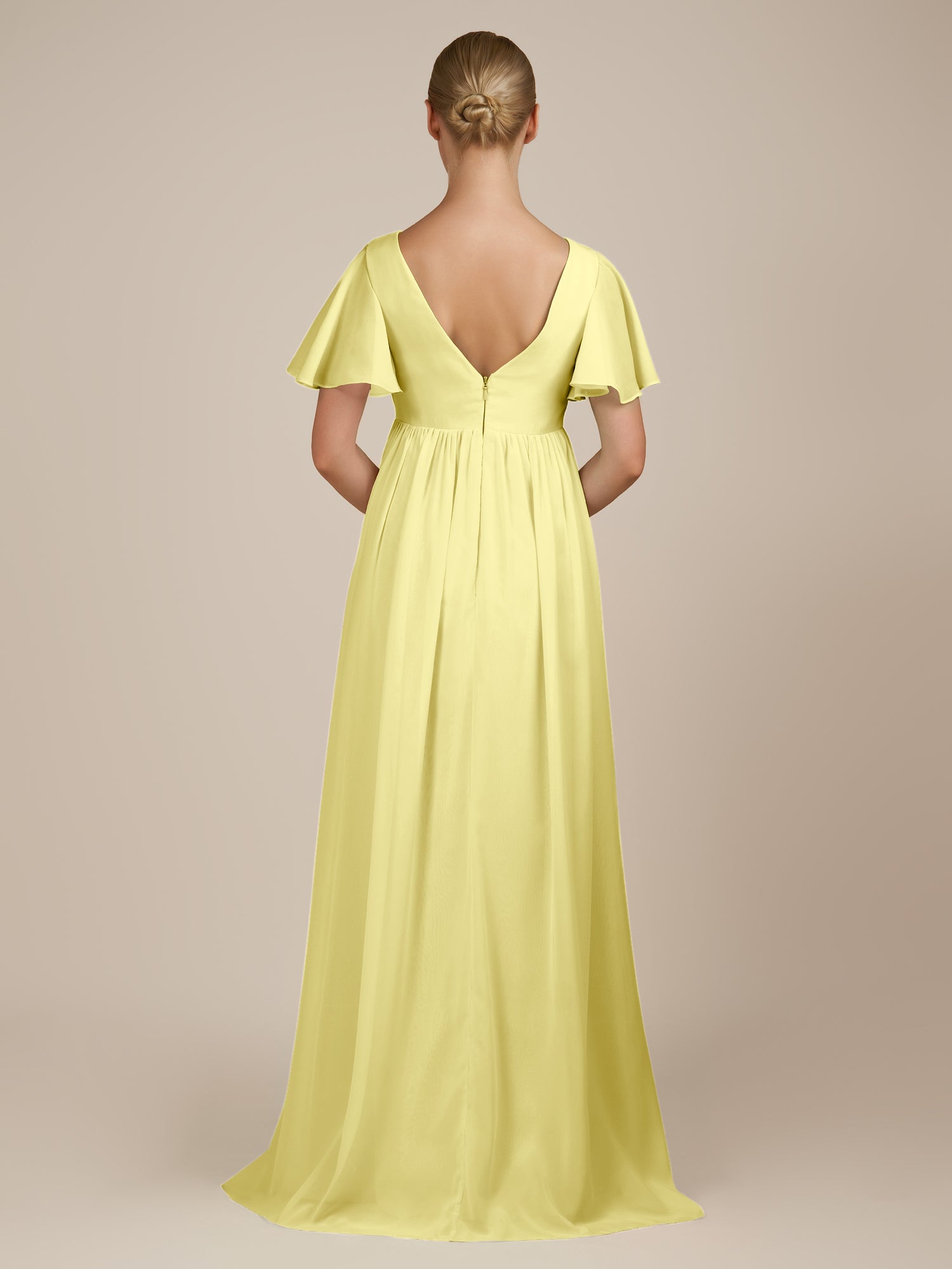 KissDress-Junia Buttercup A Line V Neck Chiffon Cap Sleeves Long Bridesmaid Dress with Slit