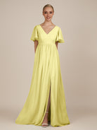 KissDress-Junia Buttercup A Line V Neck Chiffon Cap Sleeves Long Bridesmaid Dress with Slit