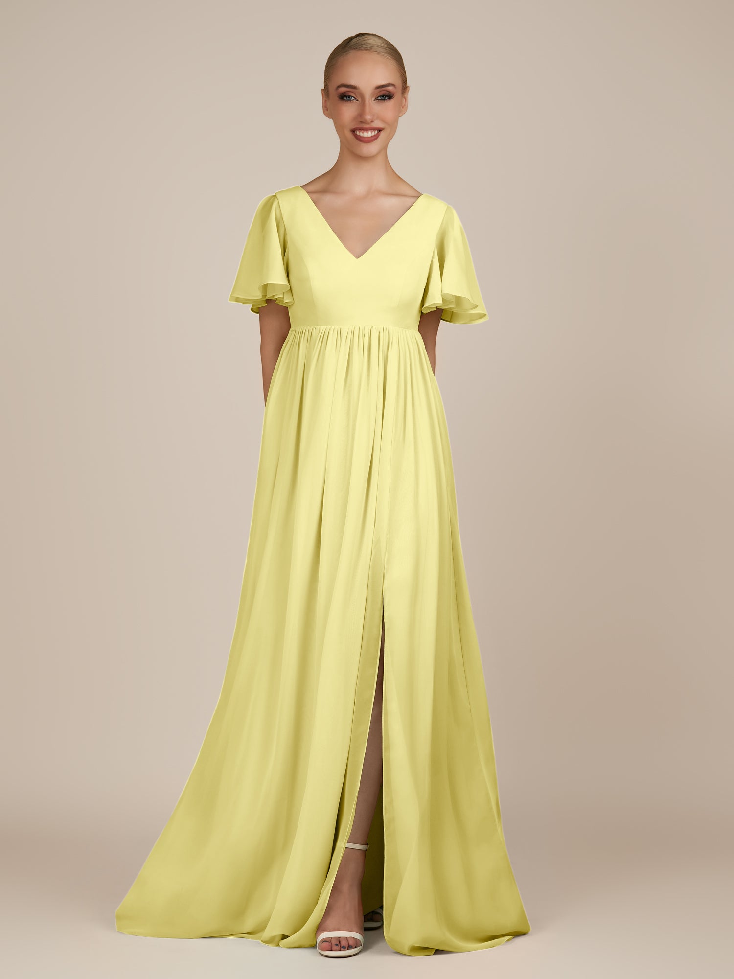 KissDress-Junia Buttercup A Line V Neck Chiffon Cap Sleeves Long Bridesmaid Dress with Slit