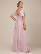 KissDress-Junia Candy Pink A Line V Neck Chiffon Cap Sleeves Long Bridesmaid Dress with Slit