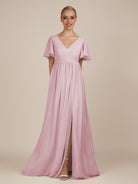 KissDress-Junia Candy Pink A Line V Neck Chiffon Cap Sleeves Long Bridesmaid Dress with Slit