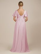 KissDress-Junia Candy Pink A Line V Neck Chiffon Cap Sleeves Long Bridesmaid Dress with Slit