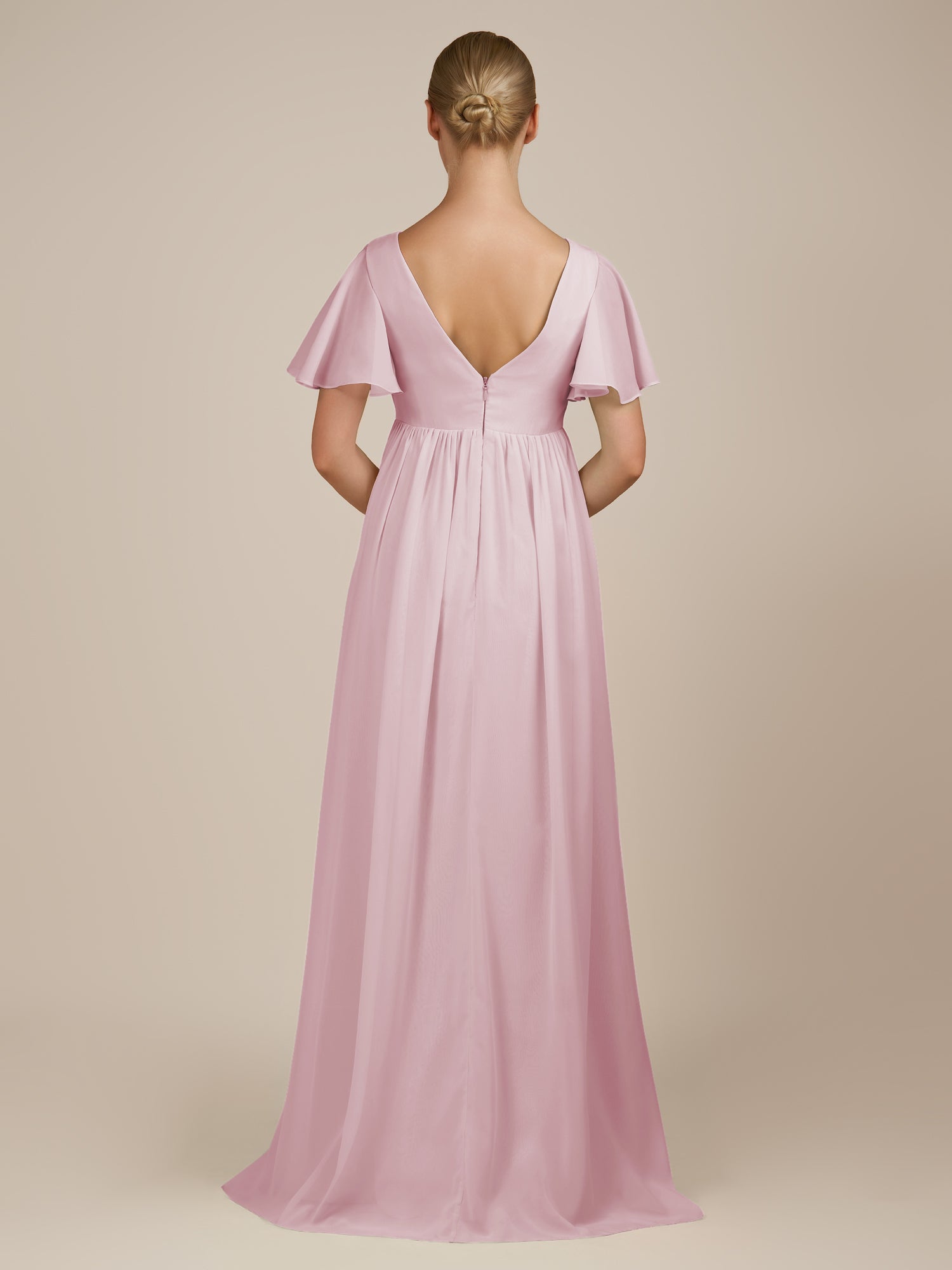 KissDress-Junia Candy Pink A Line V Neck Chiffon Cap Sleeves Long Bridesmaid Dress with Slit