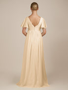 KissDress-Junia Champagne A Line V Neck Chiffon Cap Sleeves Long Bridesmaid Dress with Slit