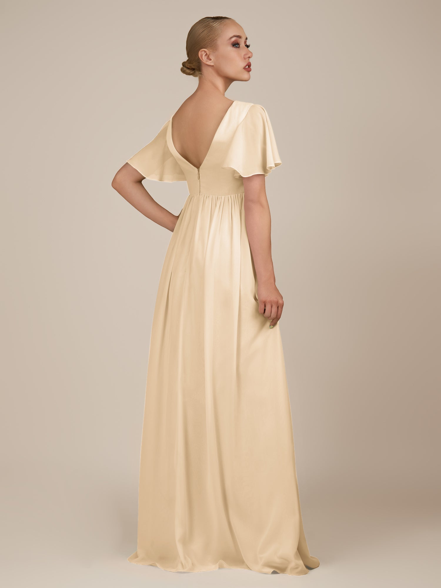 KissDress-Junia Champagne A Line V Neck Chiffon Cap Sleeves Long Bridesmaid Dress with Slit