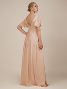 KissDress-Junia Champagne Rose A Line V Neck Chiffon Cap Sleeves Long Bridesmaid Dress with Slit