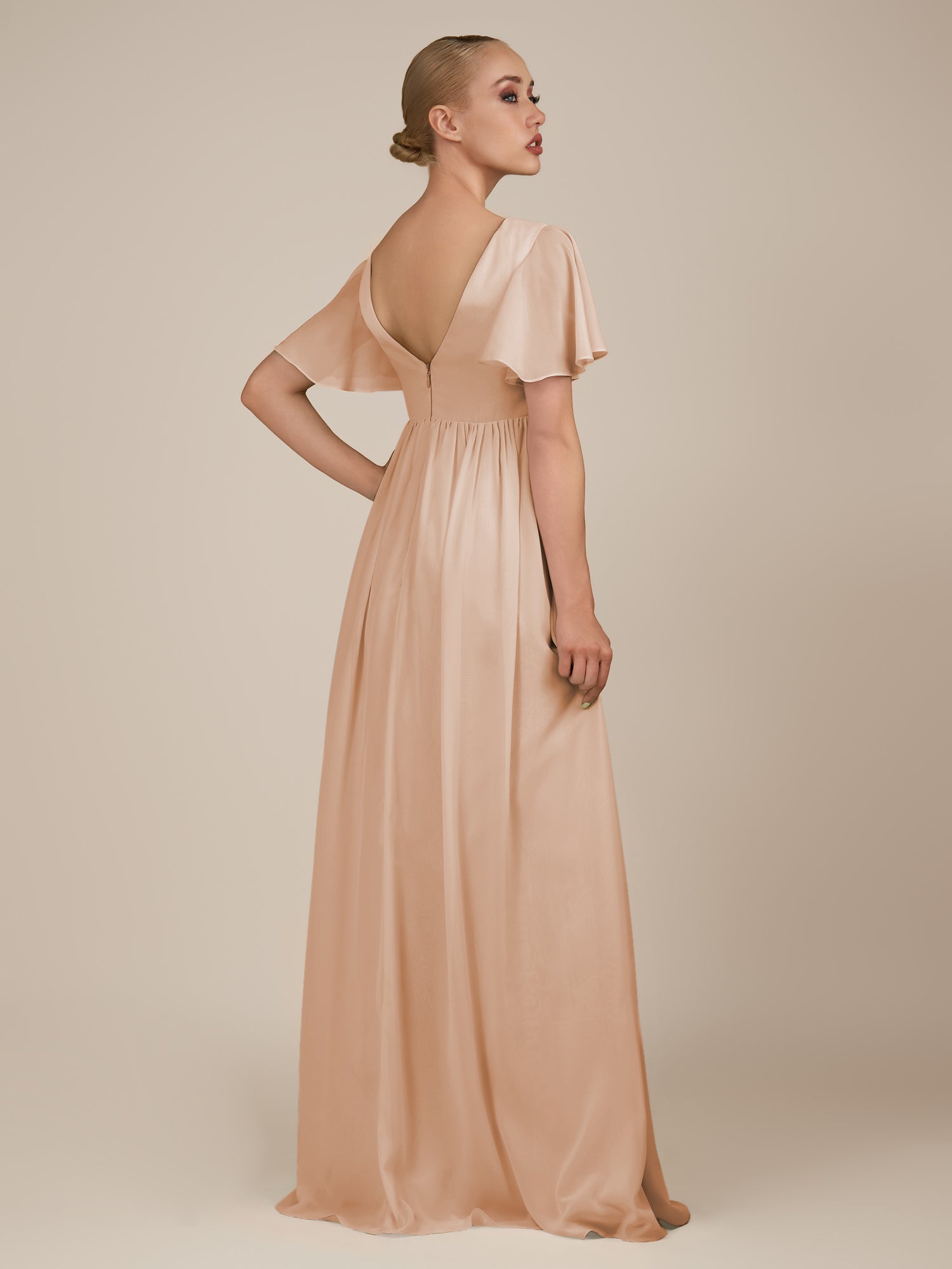 KissDress-Junia Champagne Rose A Line V Neck Chiffon Cap Sleeves Long Bridesmaid Dress with Slit