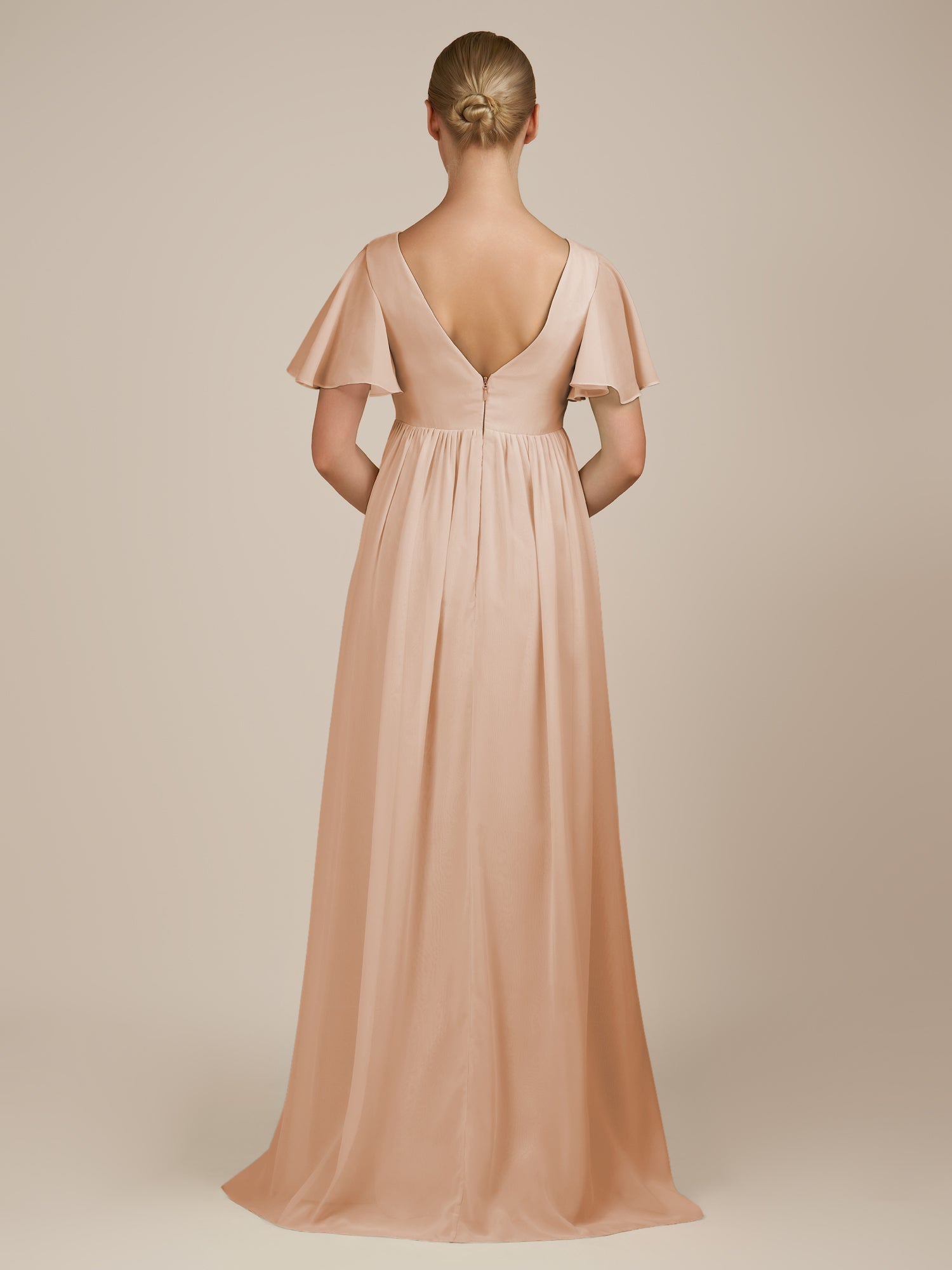 KissDress-Junia Champagne Rose A Line V Neck Chiffon Cap Sleeves Long Bridesmaid Dress with Slit