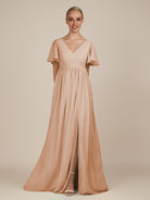 KissDress-Junia Champagne Rose A Line V Neck Chiffon Cap Sleeves Long Bridesmaid Dress with Slit