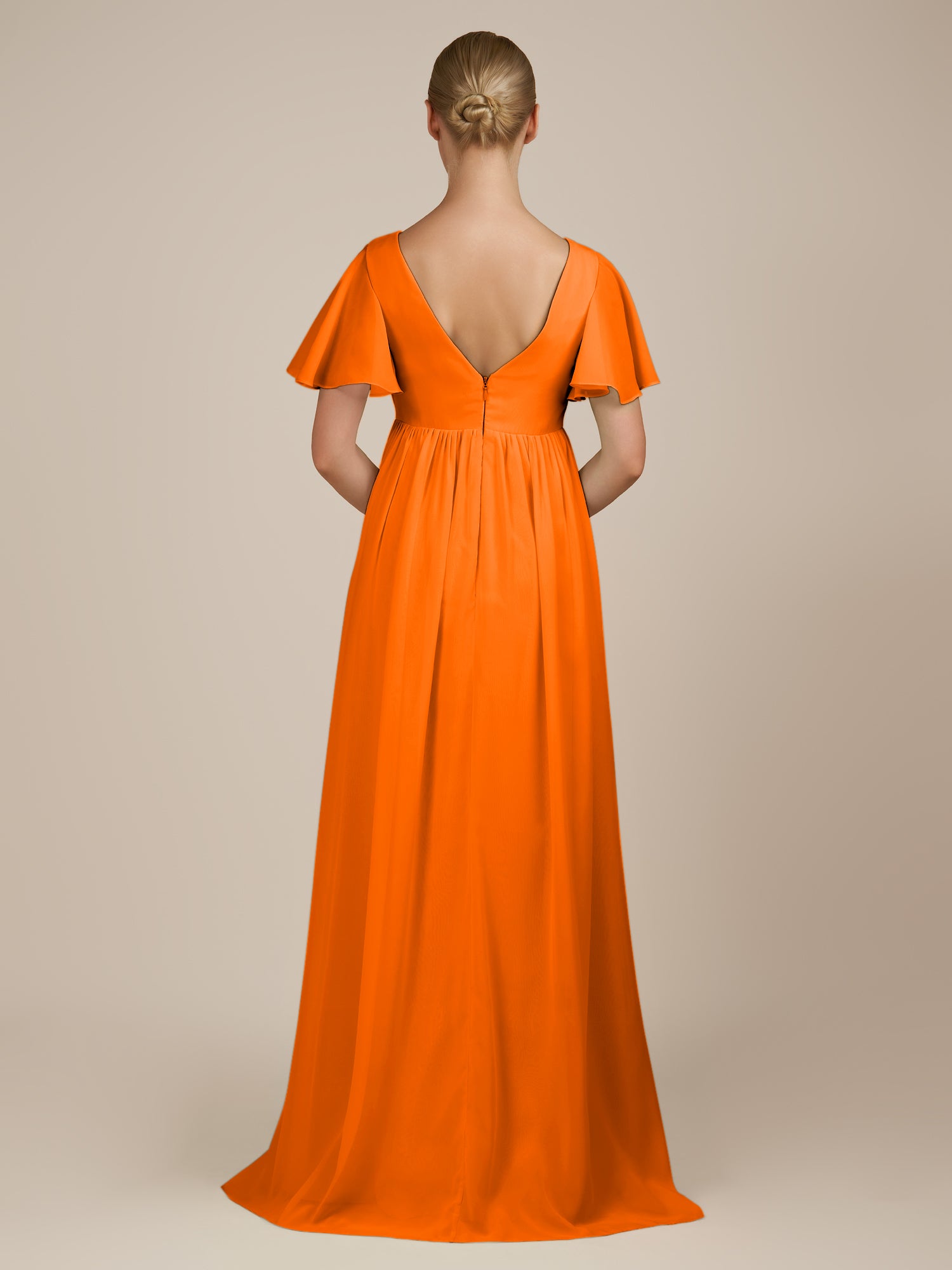 KissDress-Junia Cinnamon A Line V Neck Chiffon Cap Sleeves Long Bridesmaid Dress with Slit