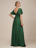 KissDress-Junia Dark Green A Line V Neck Chiffon Cap Sleeves Long Bridesmaid Dress with Slit