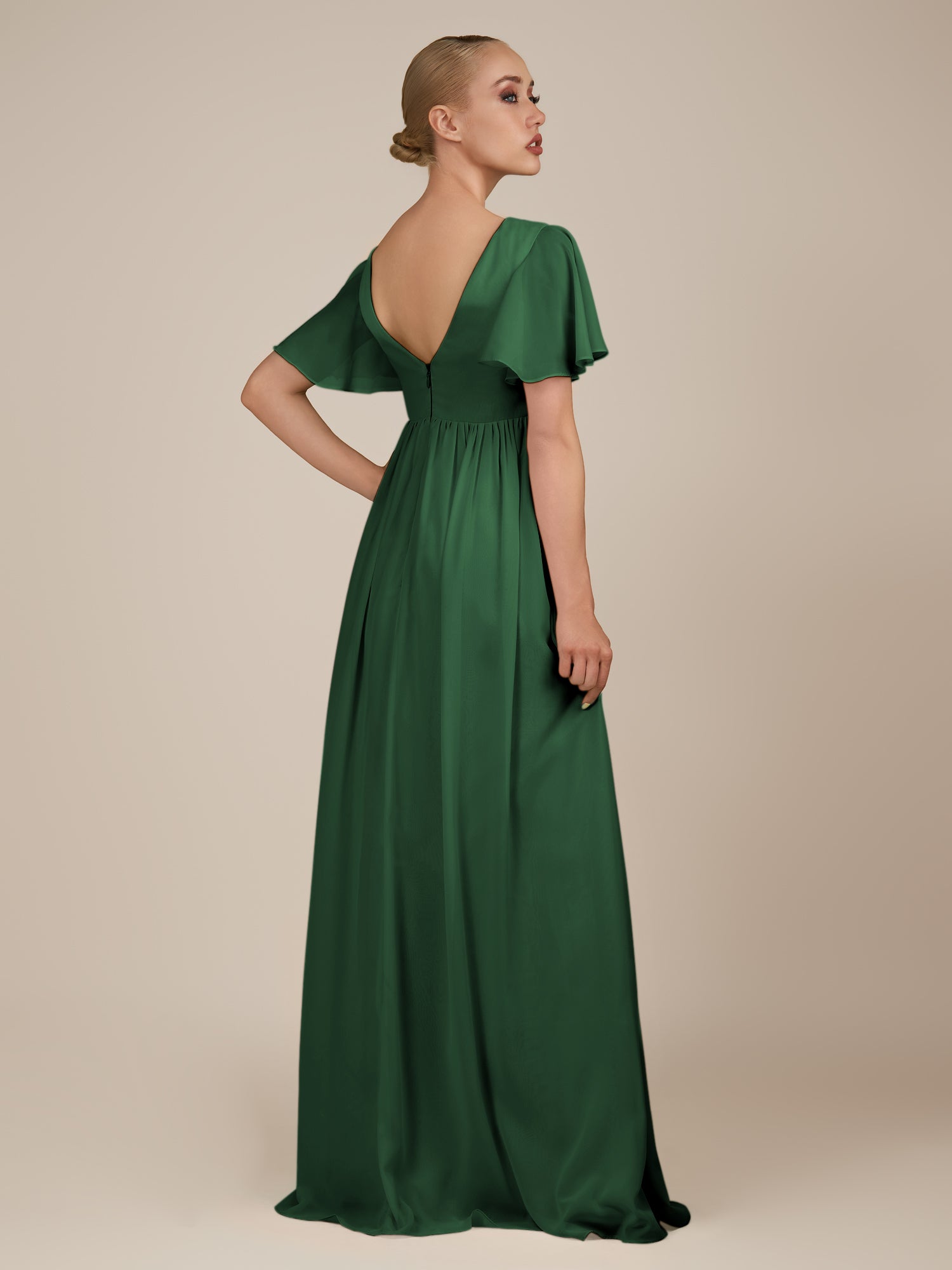 KissDress-Junia Dark Green A Line V Neck Chiffon Cap Sleeves Long Bridesmaid Dress with Slit