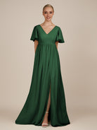 KissDress-Junia Dark Green A Line V Neck Chiffon Cap Sleeves Long Bridesmaid Dress with Slit