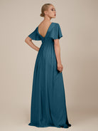 KissDress-Junia Dark Teal A Line V Neck Chiffon Cap Sleeves Long Bridesmaid Dress with Slit