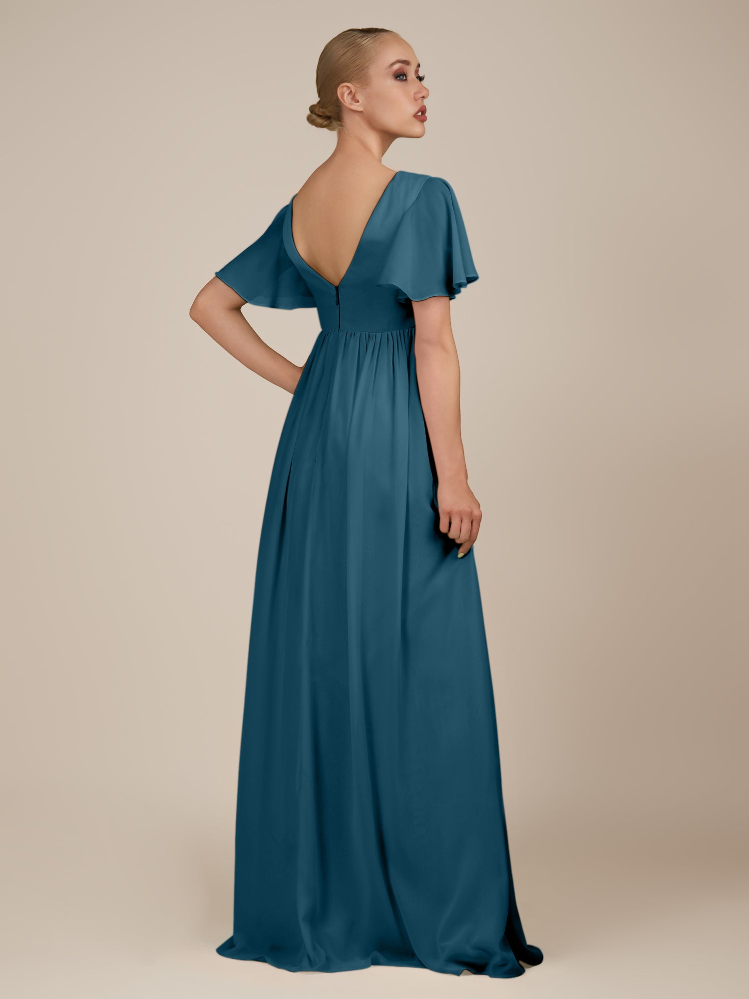 KissDress-Junia Dark Teal A Line V Neck Chiffon Cap Sleeves Long Bridesmaid Dress with Slit
