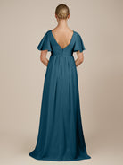 KissDress-Junia Dark Teal A Line V Neck Chiffon Cap Sleeves Long Bridesmaid Dress with Slit