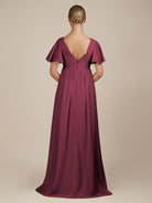 KissDress-Junia Desert Rose A Line V Neck Chiffon Cap Sleeves Long Bridesmaid Dress with Slit