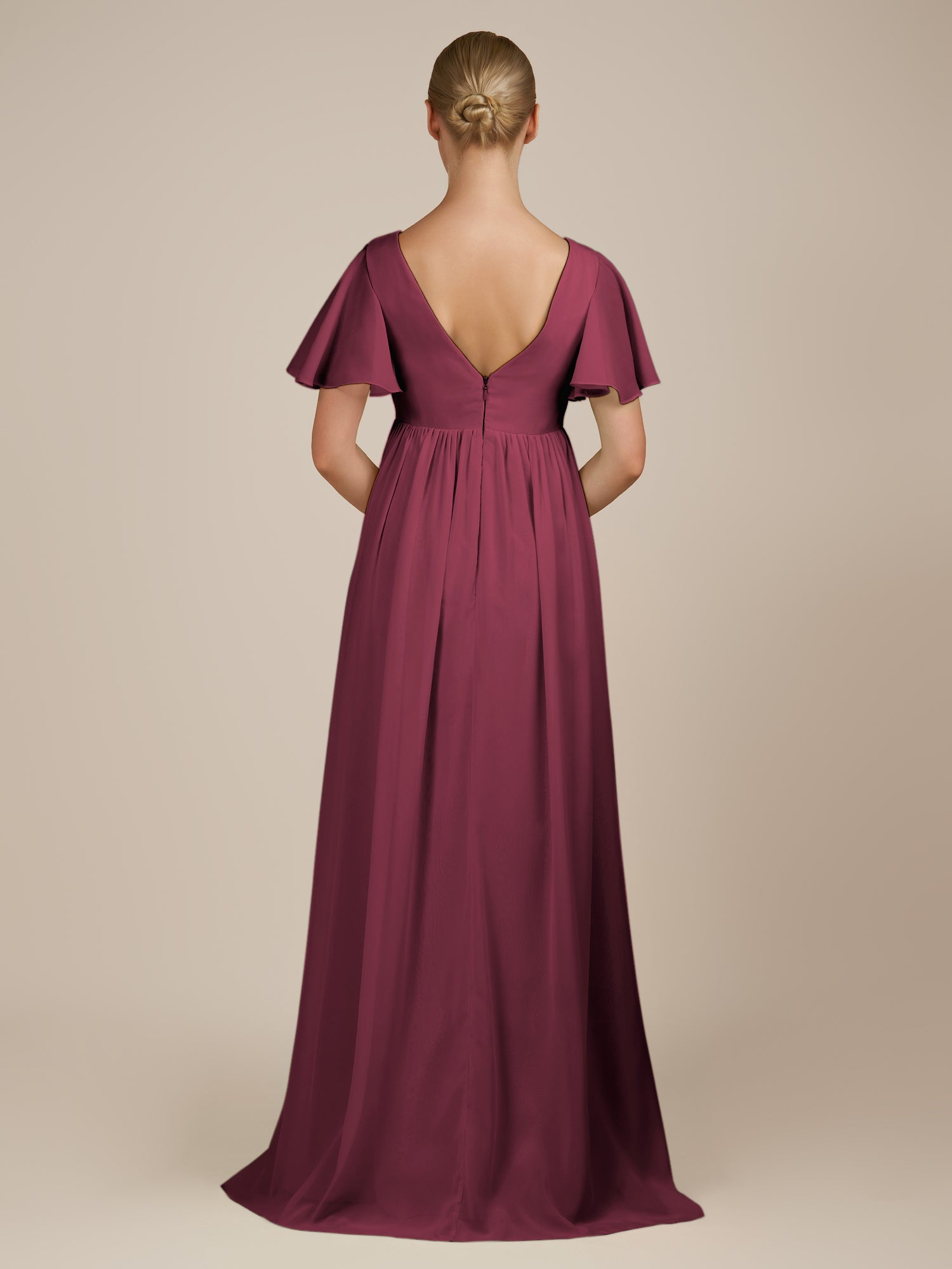 KissDress-Junia Desert Rose A Line V Neck Chiffon Cap Sleeves Long Bridesmaid Dress with Slit