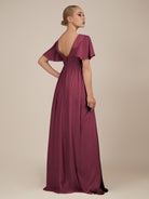 KissDress-Junia Desert Rose A Line V Neck Chiffon Cap Sleeves Long Bridesmaid Dress with Slit
