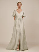 KissDress-Junia Dove Gray A Line V Neck Chiffon Cap Sleeves Long Bridesmaid Dress with Slit