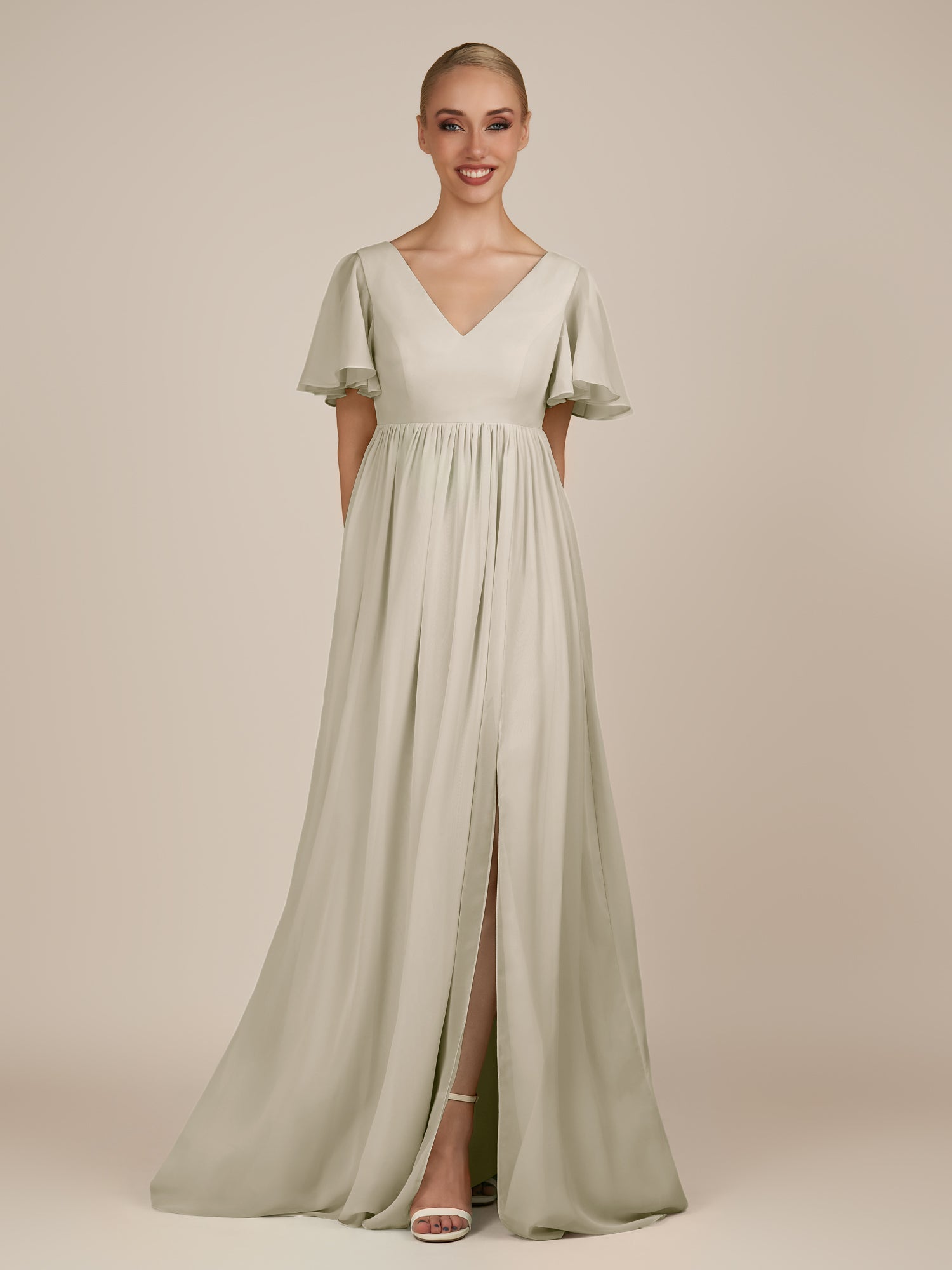 KissDress-Junia Dove Gray A Line V Neck Chiffon Cap Sleeves Long Bridesmaid Dress with Slit