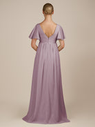 KissDress-Junia Dusk A Line V Neck Chiffon Cap Sleeves Long Bridesmaid Dress with Slit