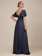 KissDress-Junia Dusk Blue A Line V Neck Chiffon Cap Sleeves Long Bridesmaid Dress with Slit