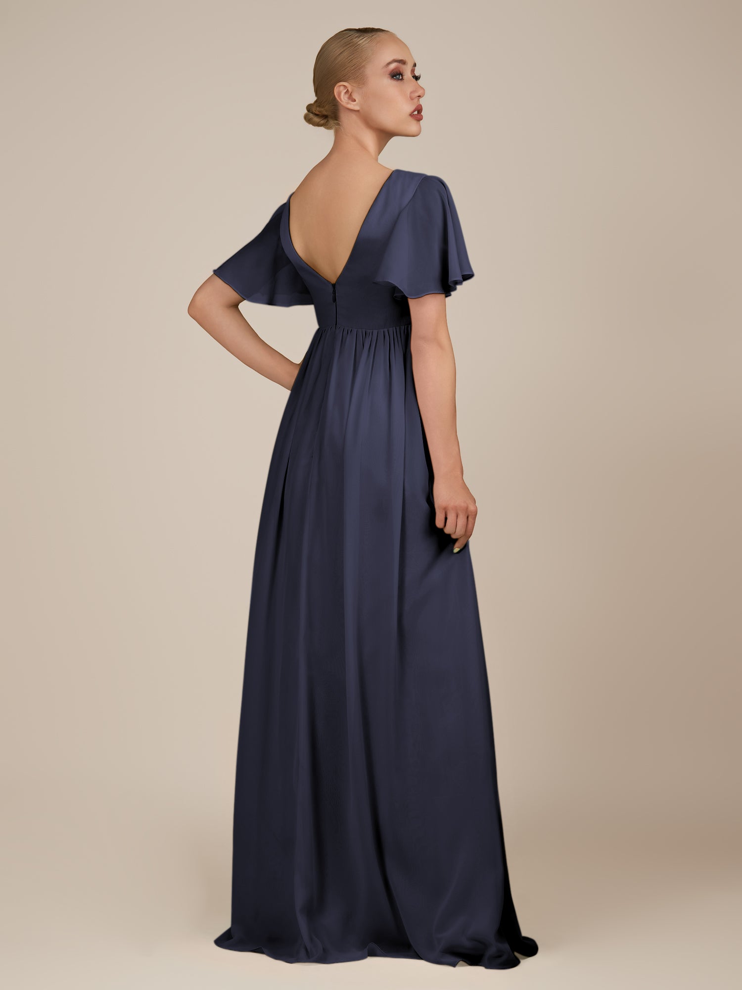KissDress-Junia Dusk Blue A Line V Neck Chiffon Cap Sleeves Long Bridesmaid Dress with Slit