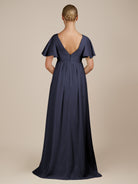 KissDress-Junia Dusk Blue A Line V Neck Chiffon Cap Sleeves Long Bridesmaid Dress with Slit