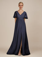 KissDress-Junia Dusk Blue A Line V Neck Chiffon Cap Sleeves Long Bridesmaid Dress with Slit